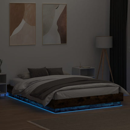 sengeramme med LED-lys 120x200 cm røget egetræsfarve