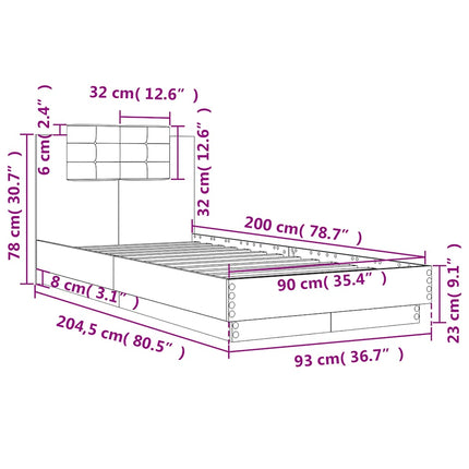 sengeramme med sengegavl 90x200 cm konstrueret træ grå sonoma