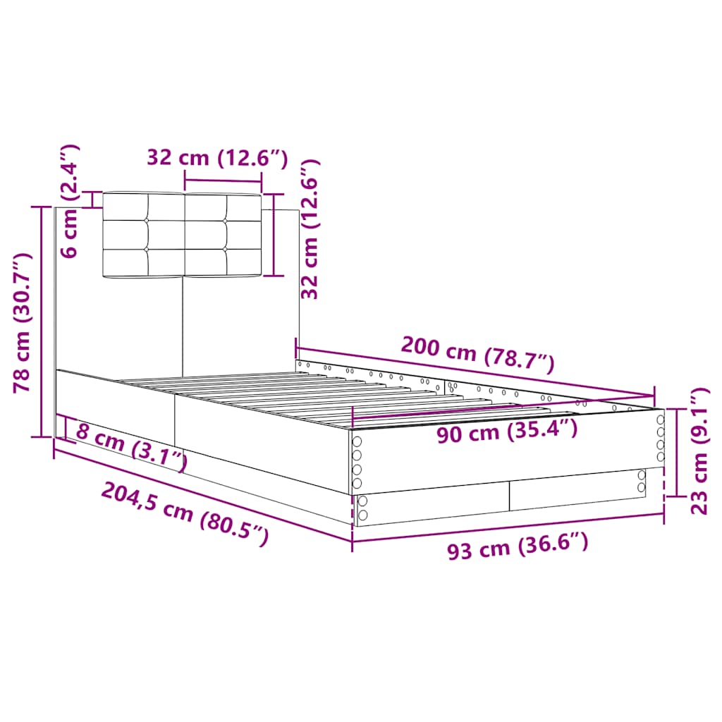 sengeramme med sengegavl 90x200 cm konstrueret træ brunt eg