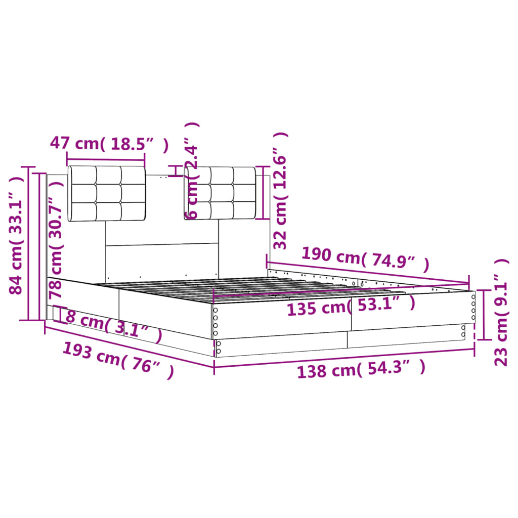 sengeramme med sengegavl 135x190 cm konstrueret træ sonoma-eg