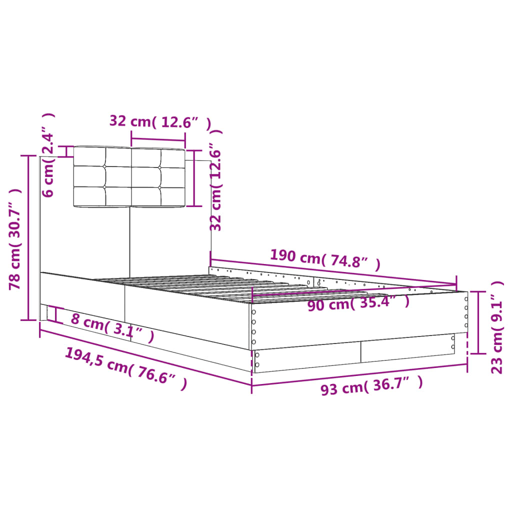 sengeramme m. sengegavl 90x190 cm konstrueret træ grå sonoma-eg