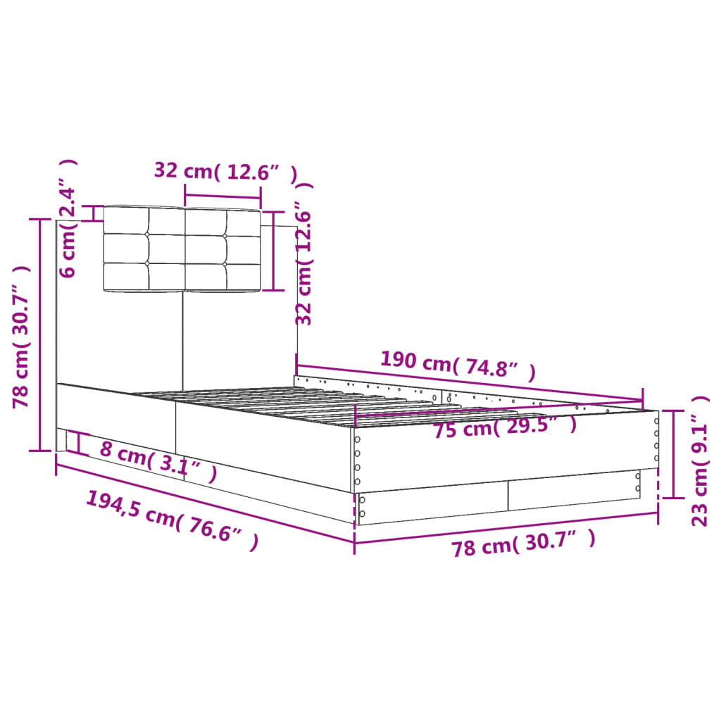 sengeramme med sengegavl 75x190 cm konstrueret træ sonoma-eg