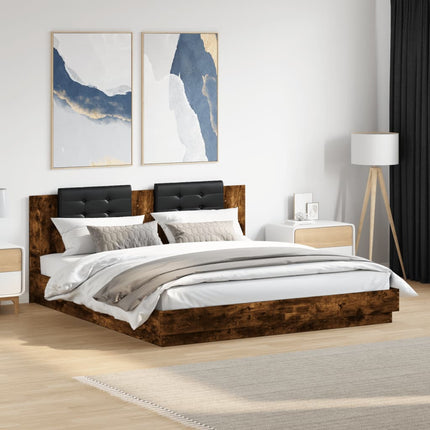 sengeramme med sengegavl og LED-lys 200x200 cm røget egetræ