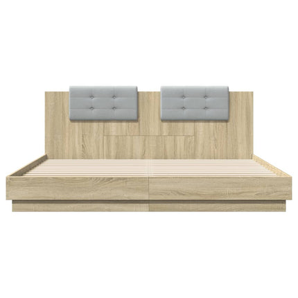 sengeramme med sengegavl og LED-lys 180x200 cm sonoma-eg