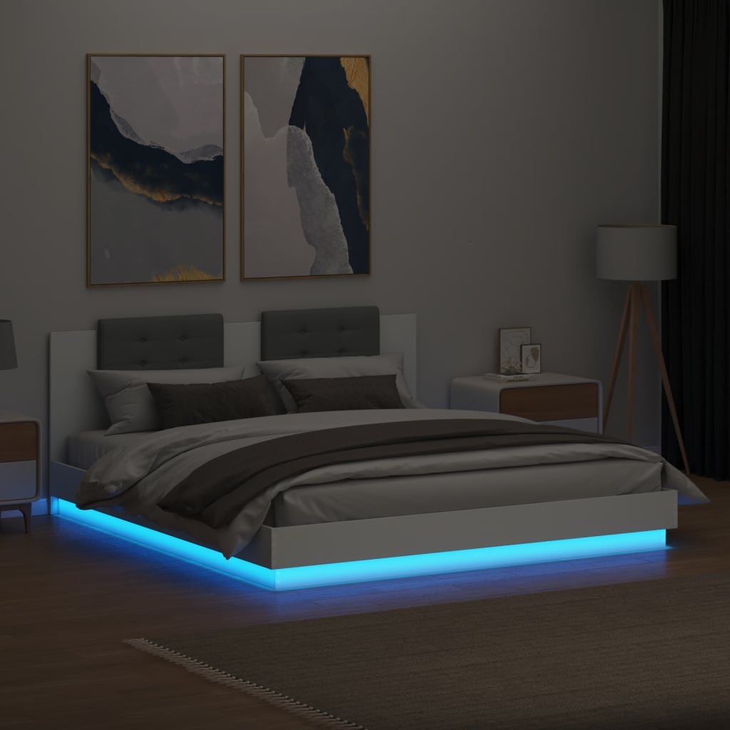 sengeramme med sengegavl og LED-lys 160x200 cm hvid