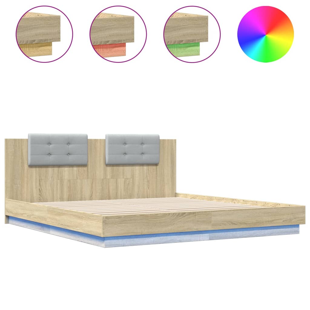 sengeramme med sengegavl og LED-lys 160x200 cm sonoma-eg