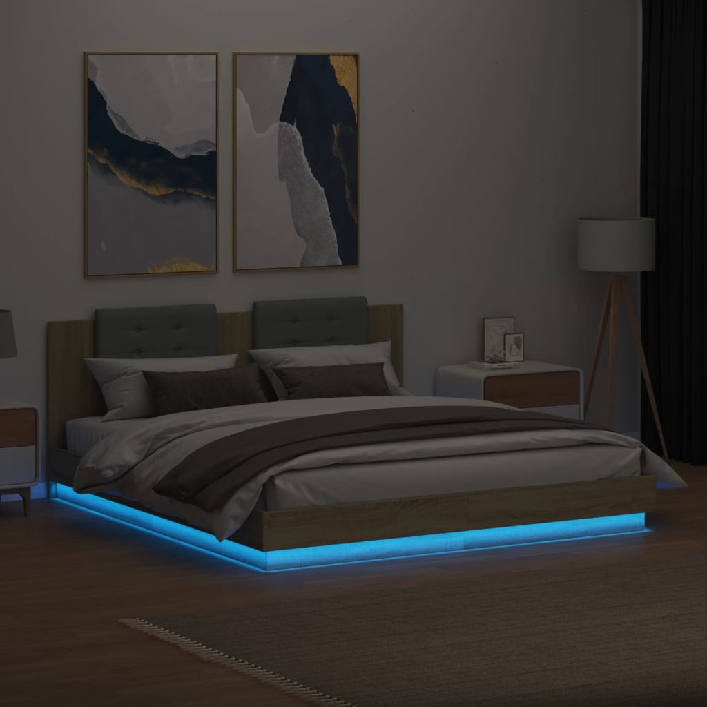 sengeramme med sengegavl og LED-lys 160x200 cm sonoma-eg
