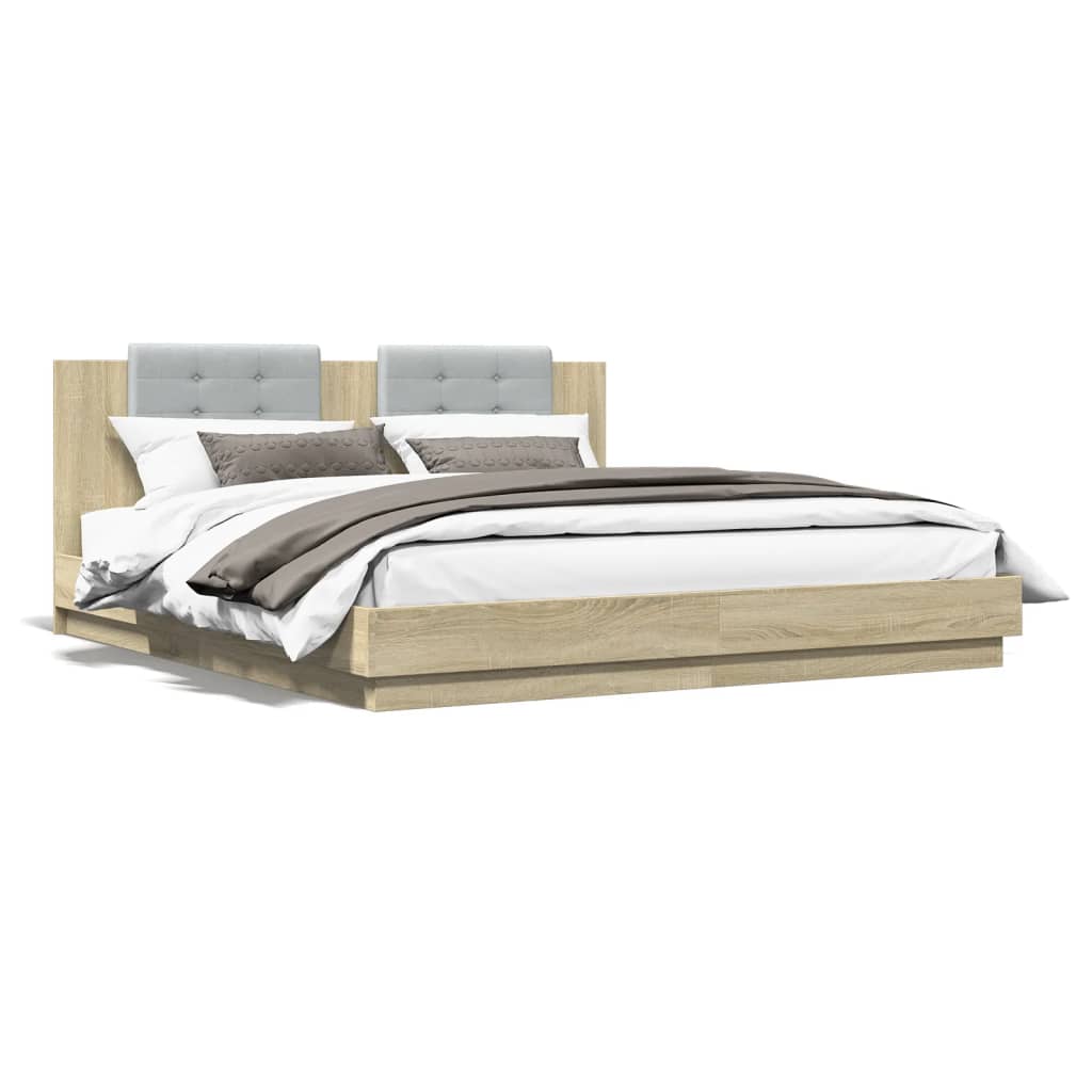 sengeramme med sengegavl og LED-lys 160x200 cm sonoma-eg