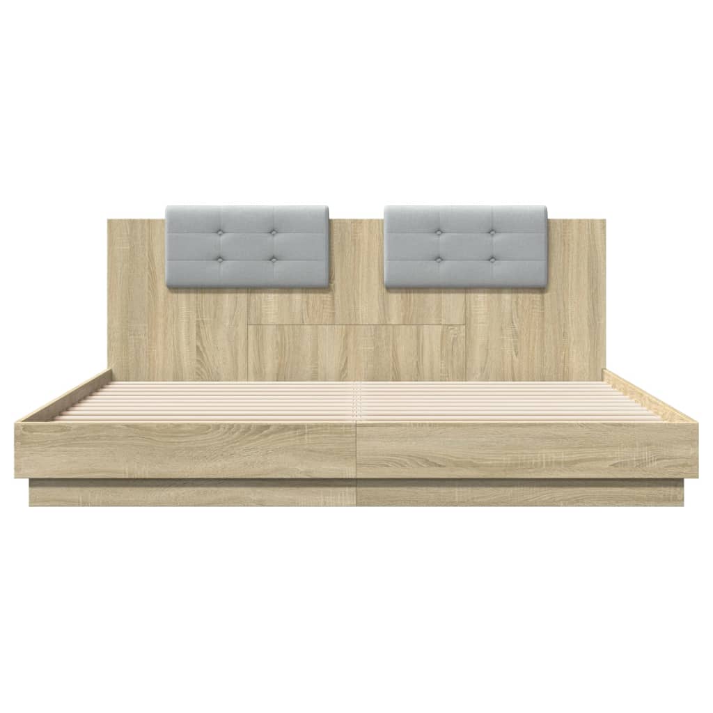 sengeramme med sengegavl og LED-lys 160x200 cm sonoma-eg