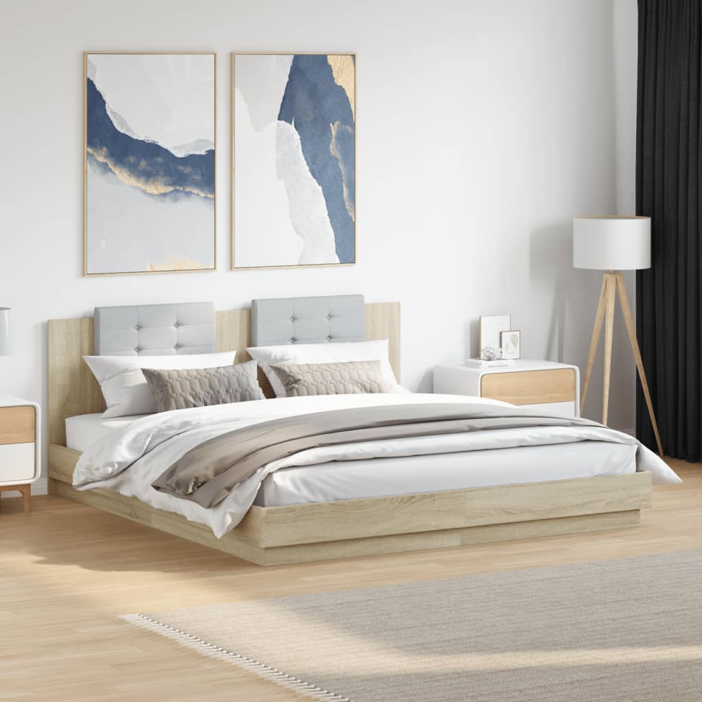 sengeramme med sengegavl og LED-lys 160x200 cm sonoma-eg