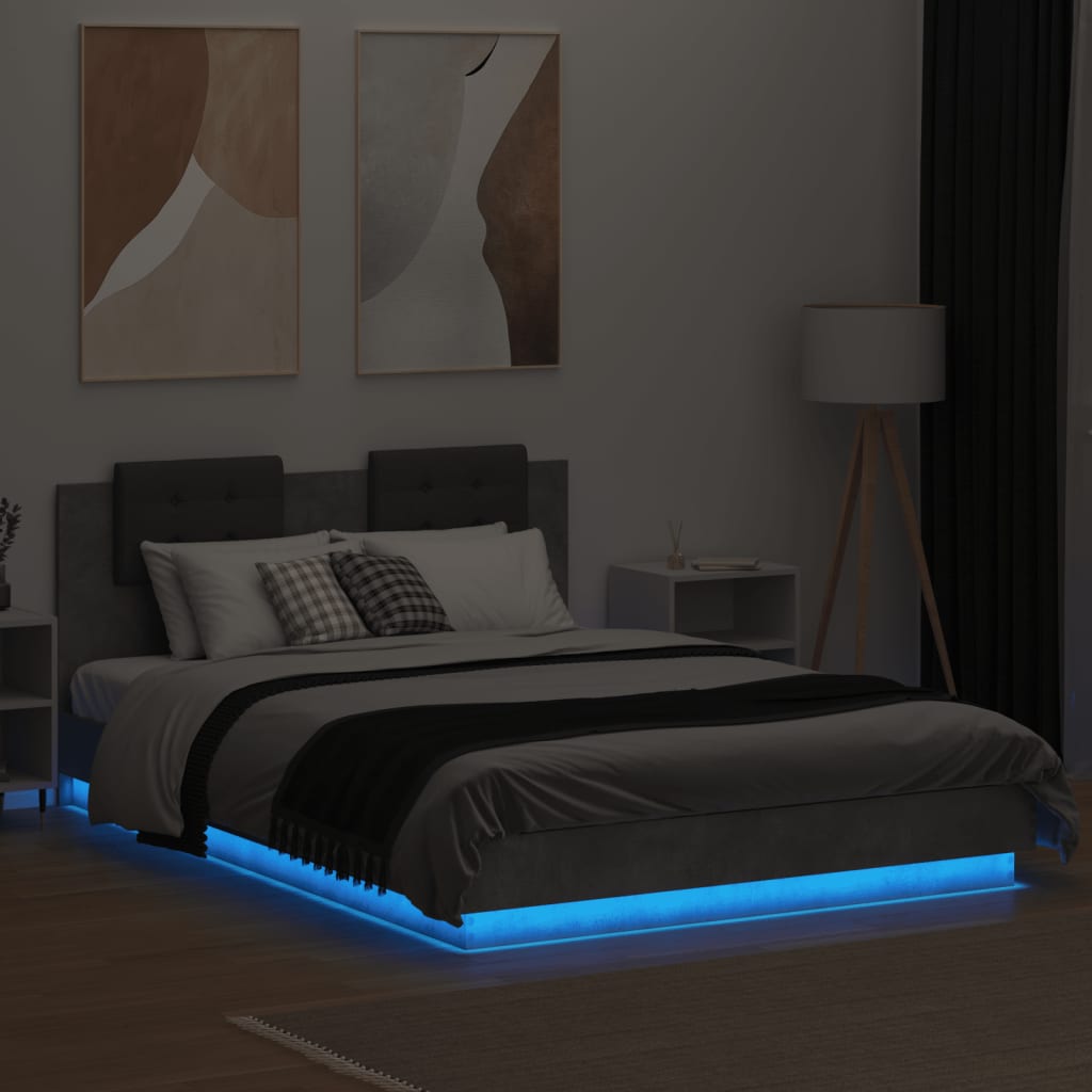 sengeramme med sengegavl og LED-lys 150x200 cm betongrå