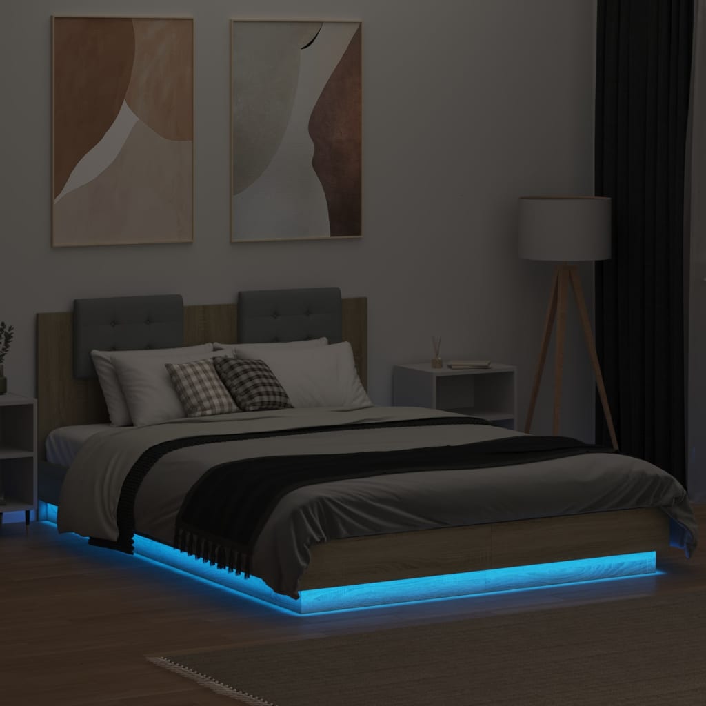 sengeramme med sengegavl og LED-lys 120x200 cm sonoma-eg
