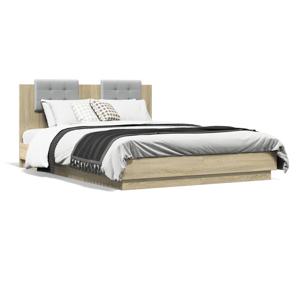sengeramme med sengegavl og LED-lys 120x200 cm sonoma-eg