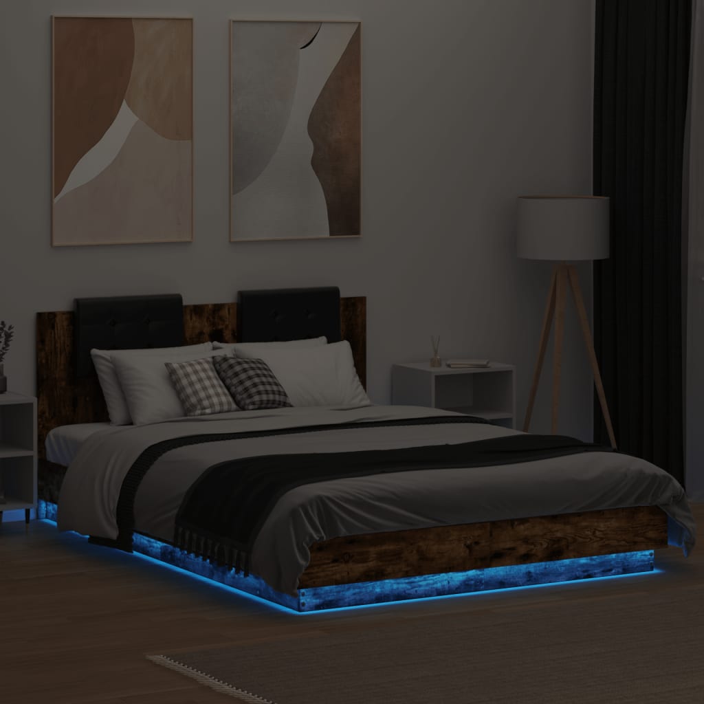 sengeramme med sengegavl og LED-lys 120x200 cm røget egetræ