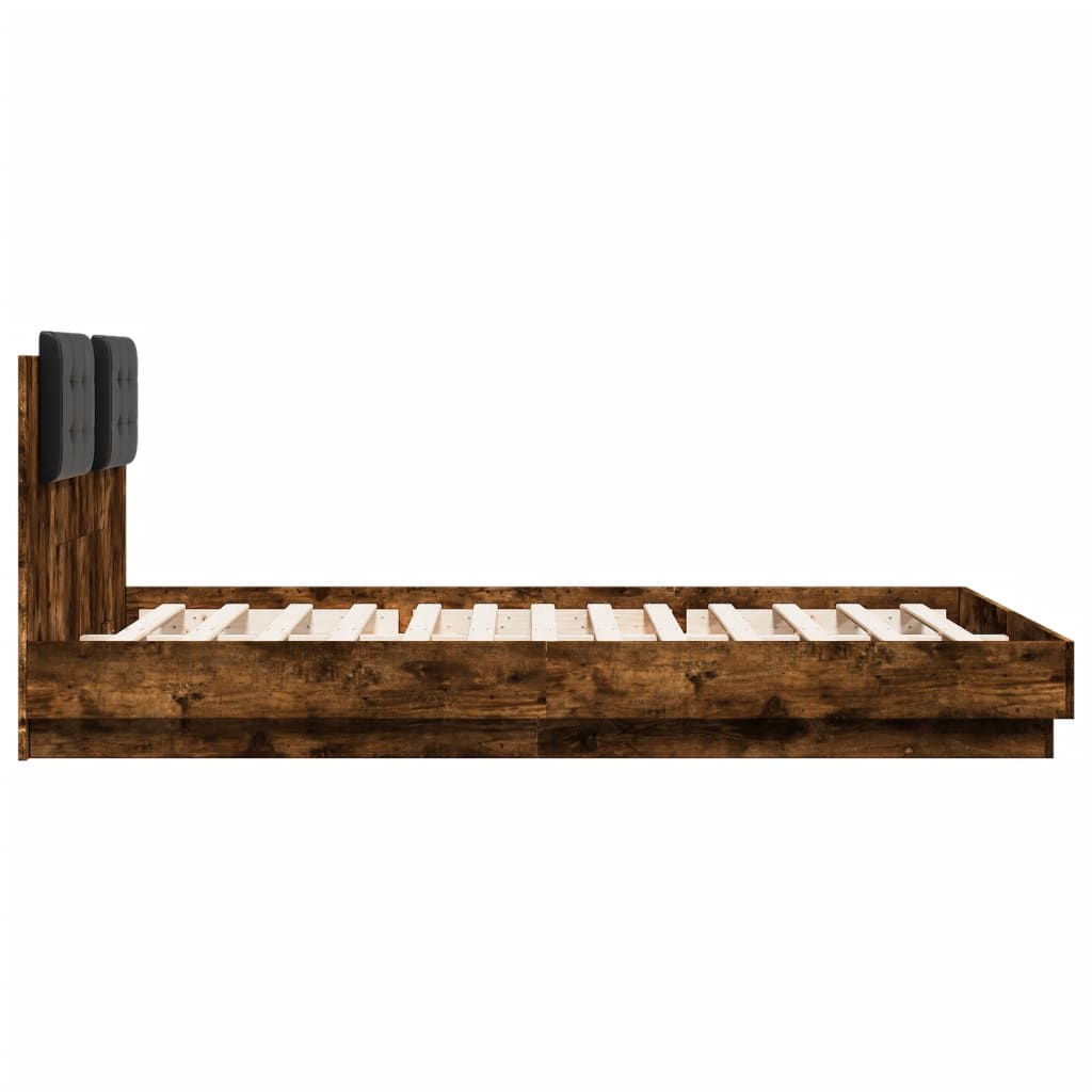 sengeramme med sengegavl og LED-lys 120x200 cm røget egetræ