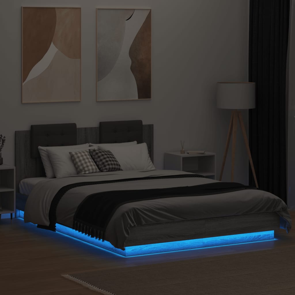 sengeramme med sengegavl og LED-lys 120x200 cm grå sonoma-eg