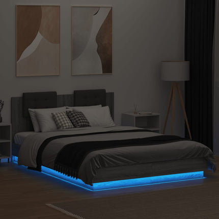 sengeramme med sengegavl og LED-lys 120x200 cm grå sonoma-eg