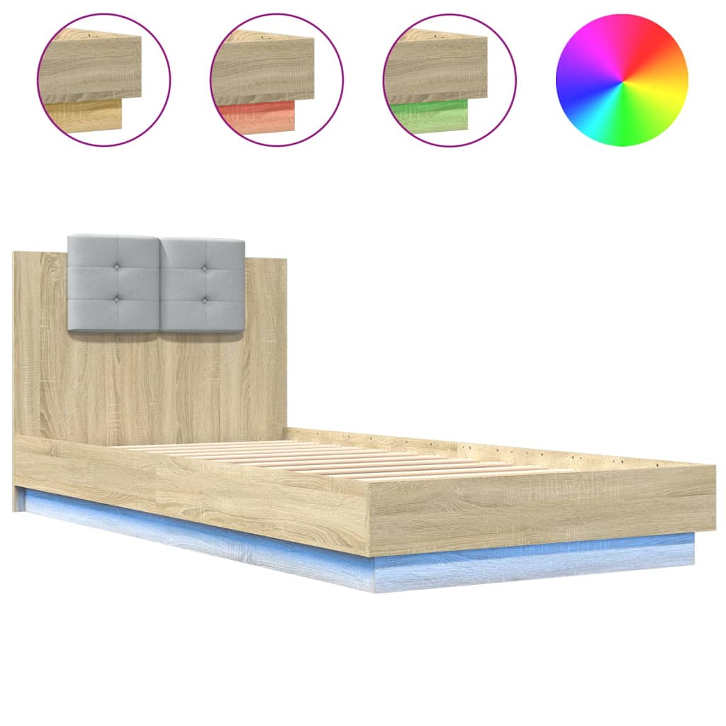 sengeramme med sengegavl og LED-lys 100x200 cm sonoma-eg