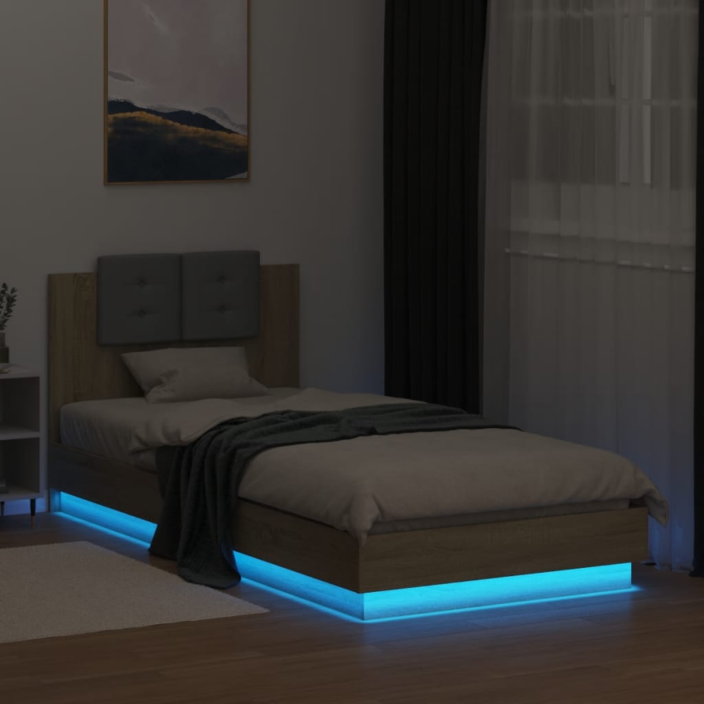 sengeramme med sengegavl og LED-lys 100x200 cm sonoma-eg