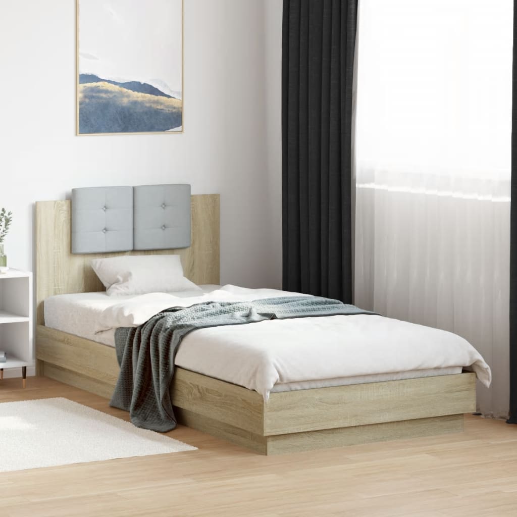 sengeramme med sengegavl og LED-lys 100x200 cm sonoma-eg