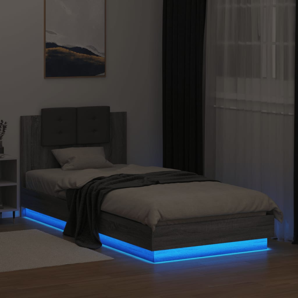 sengeramme med sengegavl og LED-lys 90x200 cm grå sonoma-eg