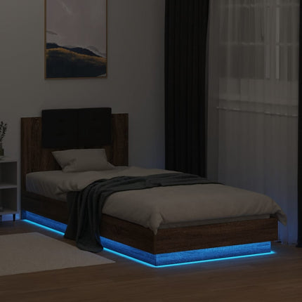 sengeramme m. sengegavl og LED-lys 90x200 cm brun egetræsfarve
