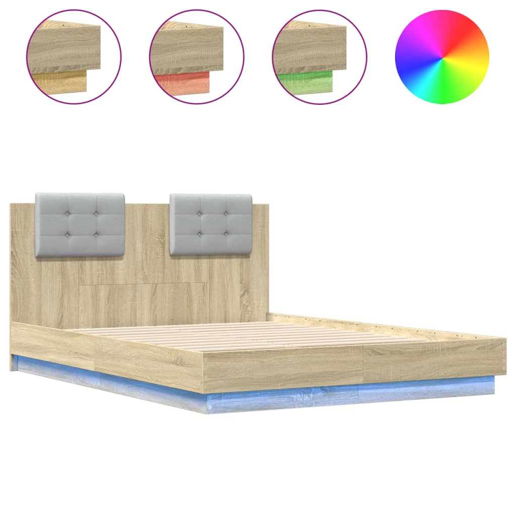 sengeramme med sengegavl og LED-lys 135x190 cm sonoma-eg