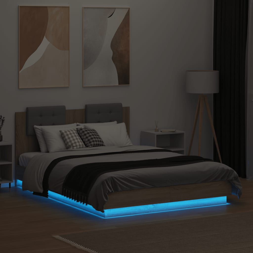 sengeramme med sengegavl og LED-lys 135x190 cm sonoma-eg
