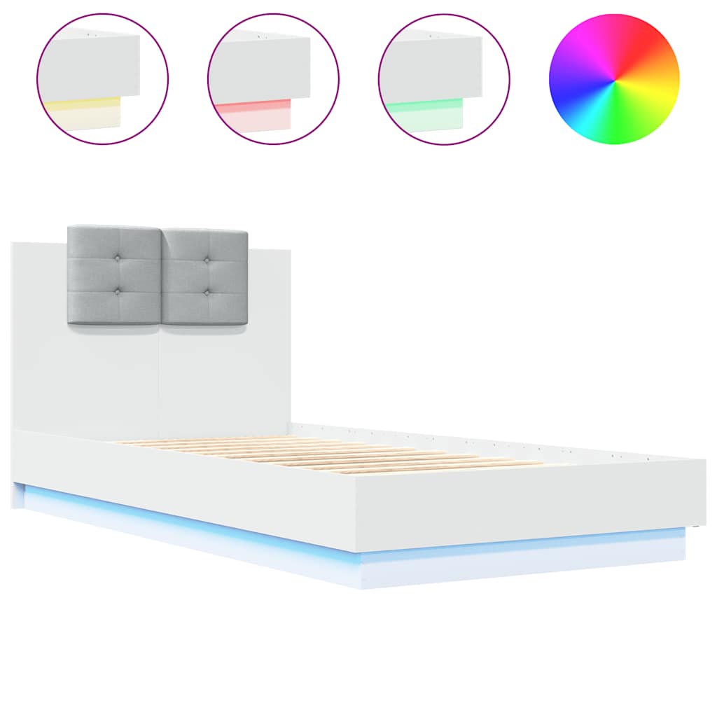 sengeramme med sengegavl og LED-lys 75x190 cm hvid