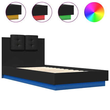 sengeramme med sengegavl og LED-lys 75x190 cm sort