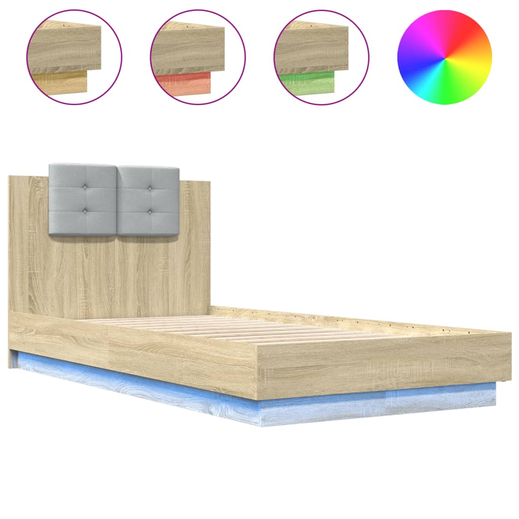sengeramme med sengegavl og LED-lys 75x190 cm sonoma-eg