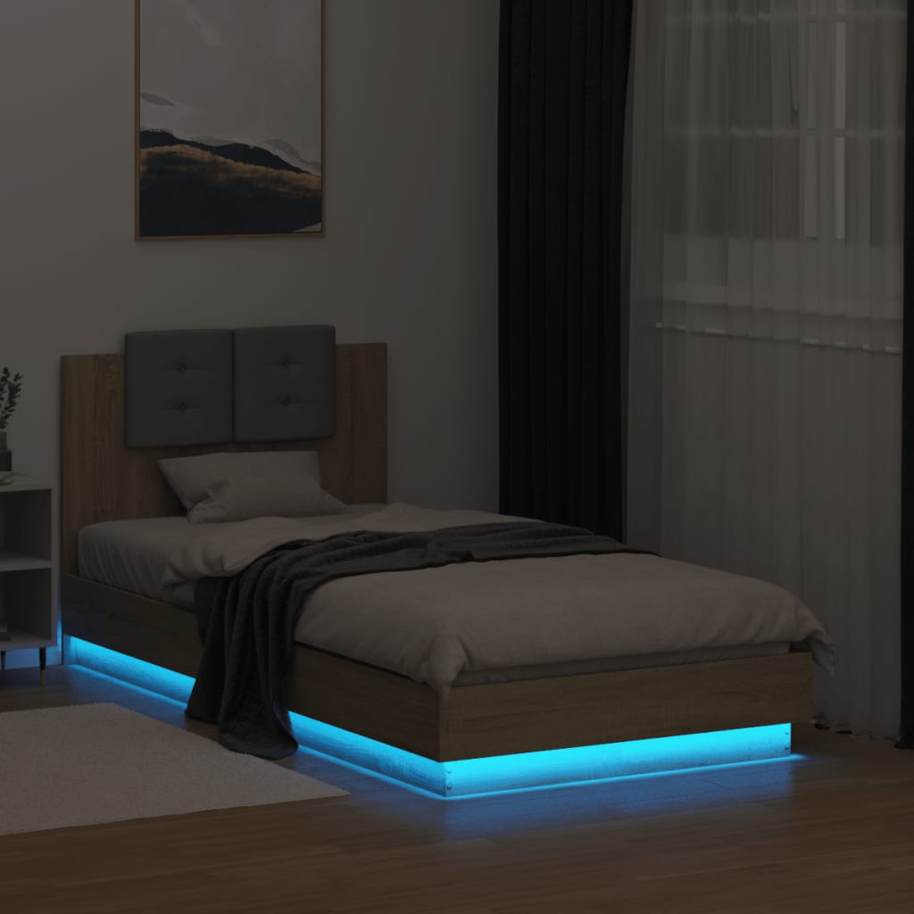 sengeramme med sengegavl og LED-lys 75x190 cm sonoma-eg