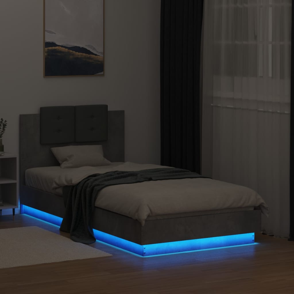 sengeramme med sengegavl og LED-lys 75x190 cm betongrå