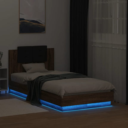 sengeramme med sengegavl og LED-lys 75x190 cm brun egetræsfarve