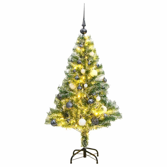 kunstigt juletræ med 150 LED'er + sne og kuglesæt 120 cm