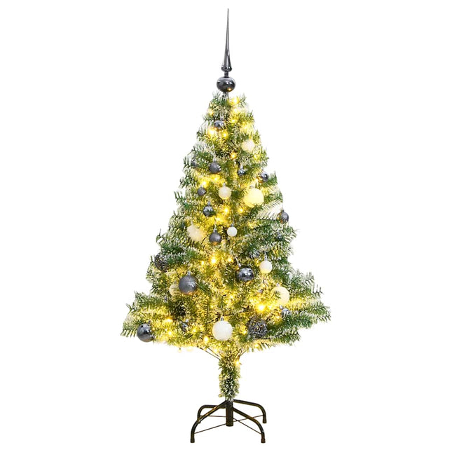 kunstigt juletræ med sne + kuglesæt og 150 LED'er 150 cm