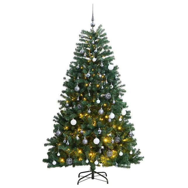 kunstigt juletræ 300 LED'er og kuglesæt hængslet 180 cm