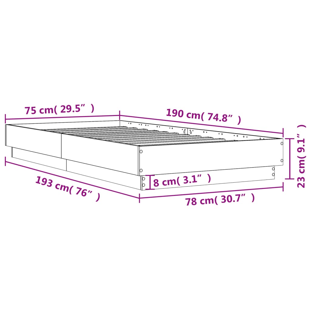 sengeramme 75x190 cm uden madras konstrueret træ sonoma-eg