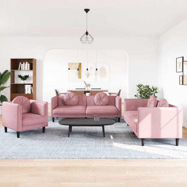 sofasæt 3 dele med puder velour lyserød