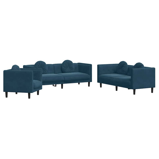 sofasæt 3 dele med puder velour blå
