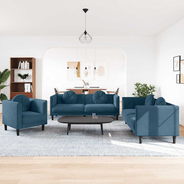 sofasæt 3 dele med puder velour blå