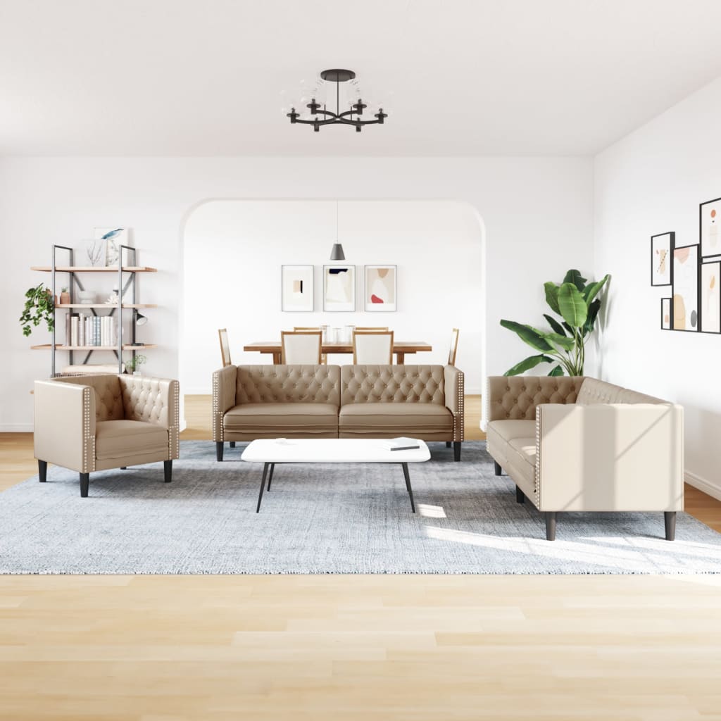 3-personers Chesterfield-sofasæt kunstlæder cappuccinofarvet