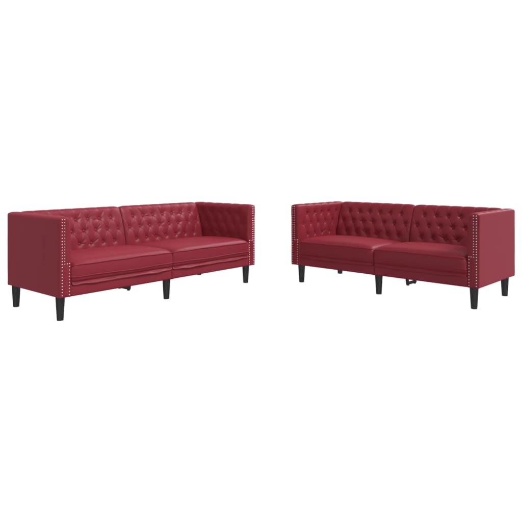 2-personers Chesterfield-sofastol kunstlæder vinrød