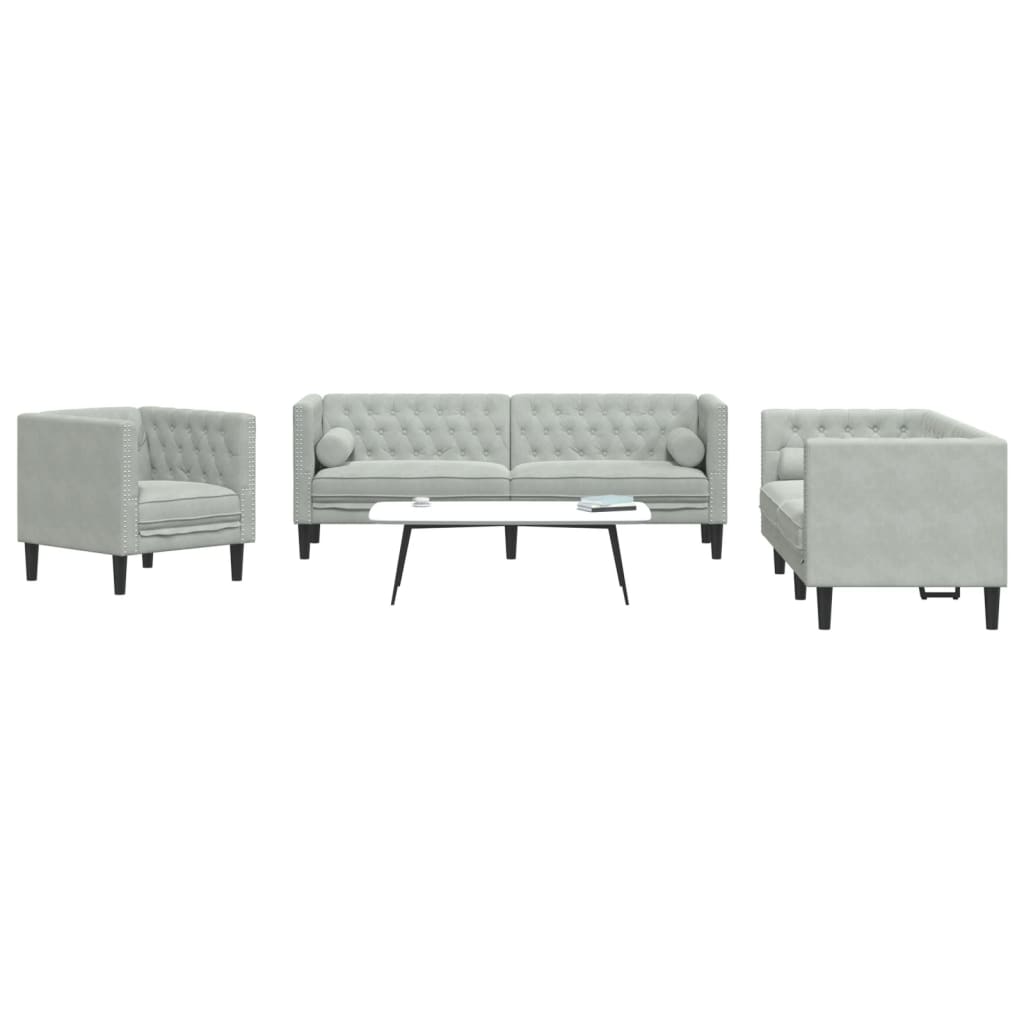 Chesterfield sofasæt i fløjl med puder - lysegrå, 3-personers + 2-personers + stol