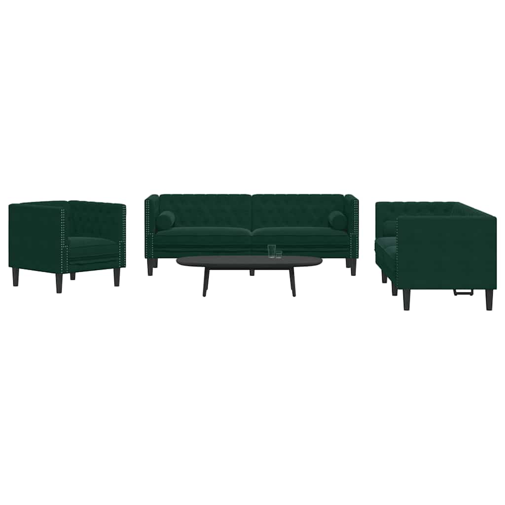 Chesterfield sofasæt i fløjl med puder - mørkegrøn, 1+2+3-personers