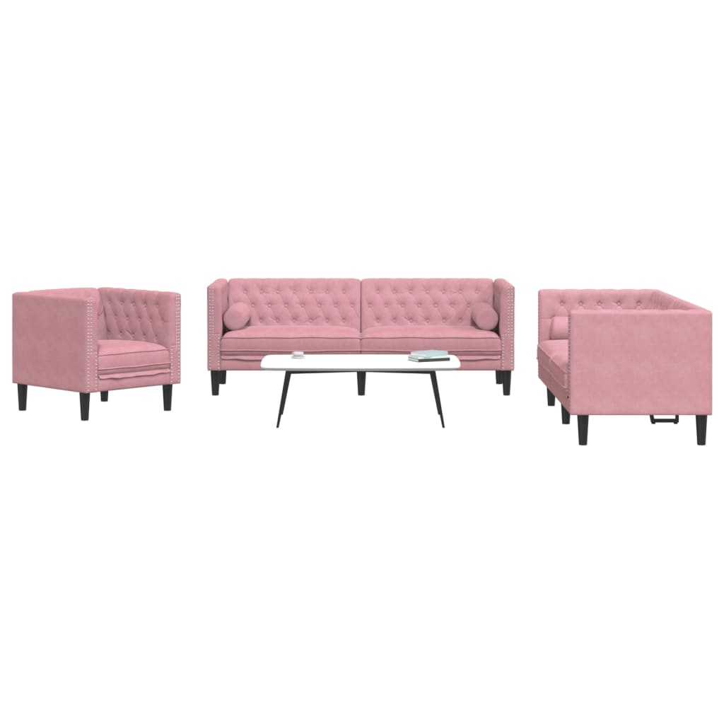 vidaXL 3-personers Chesterfield-sofasæt med puder fløjl pink