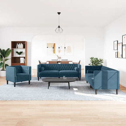 3-personers Chesterfield-sofasæt med puder fløjl blå