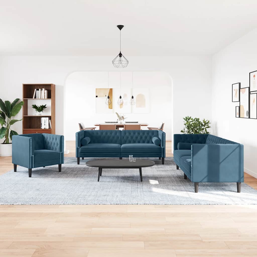 Chesterfield-sofasæt i fløjl med puder - 1-, 2- og 3-personers, blå