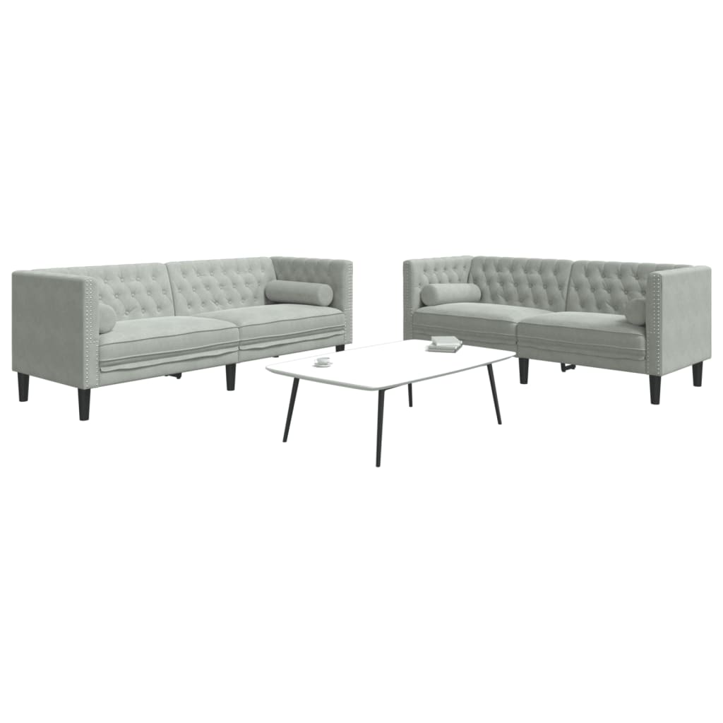 2-personers Chesterfield-sofasæt med puder fløjl lysegrå billede