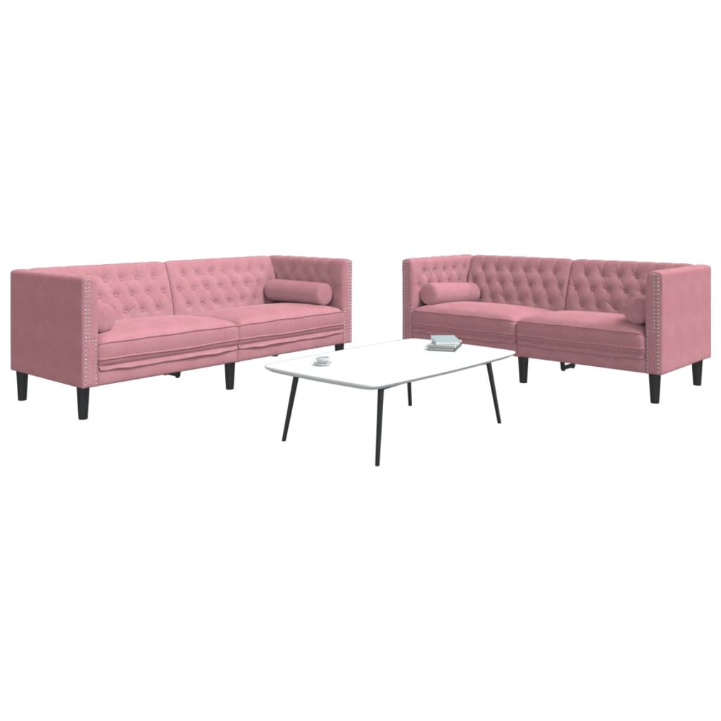 Chesterfield sofasæt i fløjl - 2- og 3-personers, pink